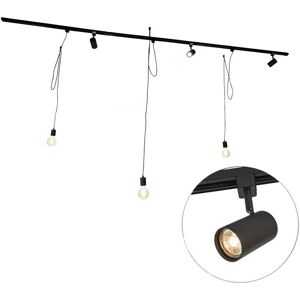 Qazqa Modern Track Lighting System Black with 3 Spots & Pendant - Monophase Qazqa Modern Track Lighting System Black with 3 Spots & Pendant - Monophase