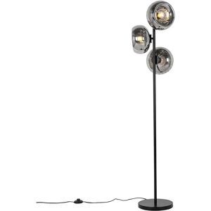 Qazqa Art Déco Floor Lamp Black Smoke Glass 3 Lights Qazqa Art Déco Floor Lamp Black Smoke Glass 3 Lights