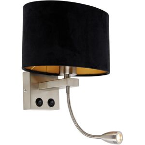 Qazqa Modern Steel Wall Lamp with Black Velvet Oval Shade - Brescia Combi Qazqa Modern Steel Wall Lamp with Black Velvet Oval Shade - Brescia Combi