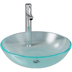 Lavabo de salle de bain en verre trempé givré - Vasque ronde, robinet, drain à poussoir - Publicité Lavabo de salle de bain en verre trempé givré - Vasque ronde, robinet, drain à poussoir - Publicité