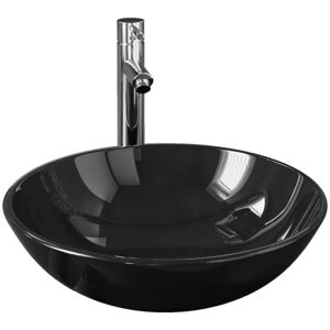 vidaXL Black Tempered Glass Bathroom Sink with Tap & Push Drain - Bathroom Sink vidaXL Black Tempered Glass Bathroom Sink with Tap & Push Drain - Bathroom Sink