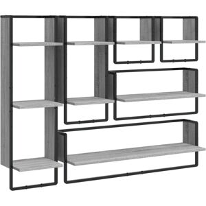 vidaXL Wall Shelf Set 6 Piece with Bars Grey Sonoma - Wall Shelf Set vidaXL Wall Shelf Set 6 Piece with Bars Grey Sonoma - Wall Shelf Set