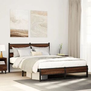 vidaXL Metal Bed Frame without Mattress - Brown Oak - Bed Frame vidaXL Metal Bed Frame without Mattress - Brown Oak - Bed Frame