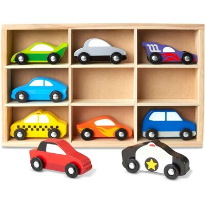 Zestaw drewnianych samochodów Melissa & Doug - 9 pojazdów w drewnianym pudełku Zestaw drewnianych samochodów Melissa & Doug - 9 pojazdów w drewnianym pudełku