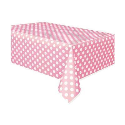Nappe jetable en plastique à pois roses - Table rectangulaire - Publicité Nappe jetable en plastique à pois roses - Table rectangulaire - Publicité