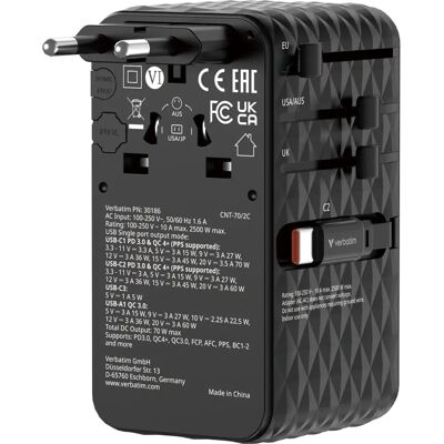 Verbatim Charge 'n' Travel 70W Chargeur Rapide AC Indoor - Adaptateur de Voyage - Publicité Verbatim Charge 'n' Travel 70W Chargeur Rapide AC Indoor - Adaptateur de Voyage - Publicité