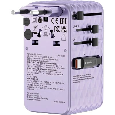 Adaptateur de voyage universel Verbatim Charge n Travel 70W - Publicité Adaptateur de voyage universel Verbatim Charge n Travel 70W - Publicité