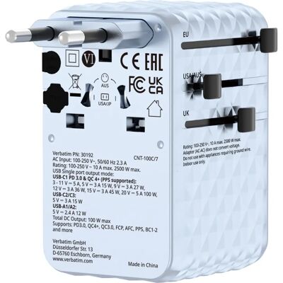 Verbatim Adaptateur de Voyage Universel 100W Bleu - Chargeur dAppareil Mobile - Publicité Verbatim Adaptateur de Voyage Universel 100W Bleu - Chargeur dAppareil Mobile - Publicité