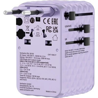 Verbatim 30193 Adaptateur voyage universel - 100W, Compact, Charge rapide - Publicité Verbatim 30193 Adaptateur voyage universel - 100W, Compact, Charge rapide - Publicité