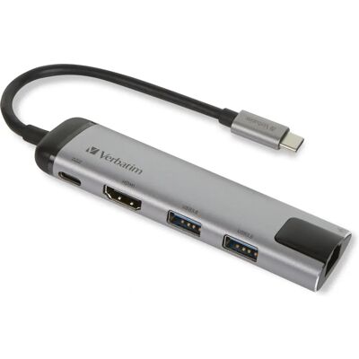 Verbatim USB-C Multiport Hub - Dellaten för Laptop, 4K HDMI, Ethernet, USB 3.0, Silver Verbatim USB-C Multiport Hub - Dellaten för Laptop, 4K HDMI, Ethernet, USB 3.0, Silver