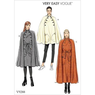 Modello di cucito Vogue per mantella donna - Senza fodera, Lunghezze multiple, Tasche frontali Modello di cucito Vogue per mantella donna - Senza fodera, Lunghezze multiple, Tasche frontali