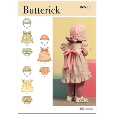 Patron couture bébé Butterick 6935 - Robe, Culotte et Chapeau - Publicité Patron couture bébé Butterick 6935 - Robe, Culotte et Chapeau - Publicité