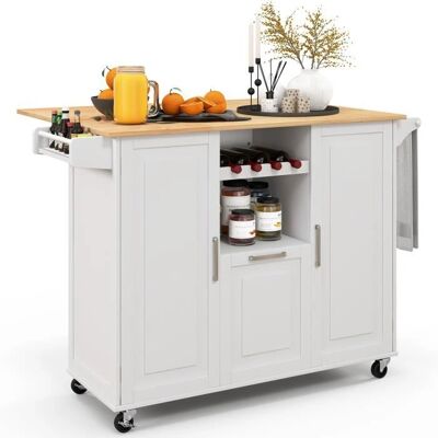 Carro de Cocina Costway con Encimera de Madera Plegable - Blanco Carro de Cocina Costway con Encimera de Madera Plegable - Blanco