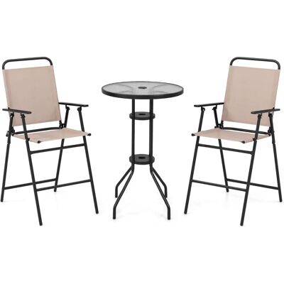 Conjunto de Muebles de Jardín Costway - 2 Sillas Plegables y Mesa Redonda de Vidrio - Beige Conjunto de Muebles de Jardín Costway - 2 Sillas Plegables y Mesa Redonda de Vidrio - Beige