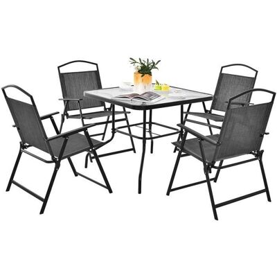Conjunto de jardín Costway - 5 piezas, sillas plegables, mesa de vidrio con orificio para parasol - Muebles de jardín Conjunto de jardín Costway - 5 piezas, sillas plegables, mesa de vidrio con orificio para parasol - Muebles de jardín