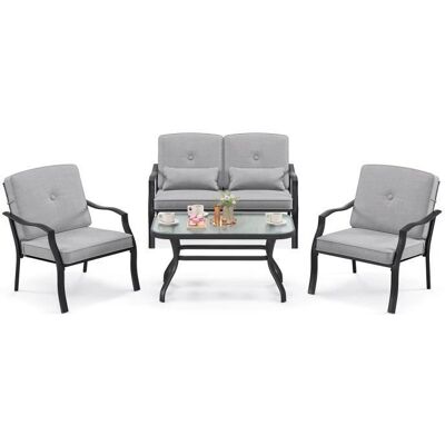 Conjunto de Muebles de Jardín Costway - Metal, Mesa de Vidrio Templado, 2 Sillas, 1 Sofá Doble Conjunto de Muebles de Jardín Costway - Metal, Mesa de Vidrio Templado, 2 Sillas, 1 Sofá Doble
