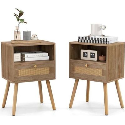 Costway Table de Nuit Style Bohème avec Tiroirs en Rotin - Table d'Appoint avec Rangement - Publicité Costway Table de Nuit Style Bohème avec Tiroirs en Rotin - Table d'Appoint avec Rangement - Publicité