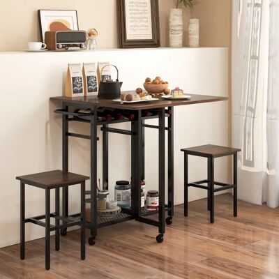 Costway Ausziehbares Esstisch-Set - 2 Hocker - Weinschrank Costway Ausziehbares Esstisch-Set - 2 Hocker - Weinschrank