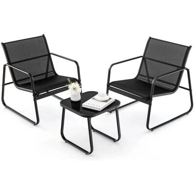 Set de Muebles de Jardín Costway - 3 Piezas, Asientos Ergonómicos, Mesa de Vidrio, Marco de Metal Negro Set de Muebles de Jardín Costway - 3 Piezas, Asientos Ergonómicos, Mesa de Vidrio, Marco de Metal Negro