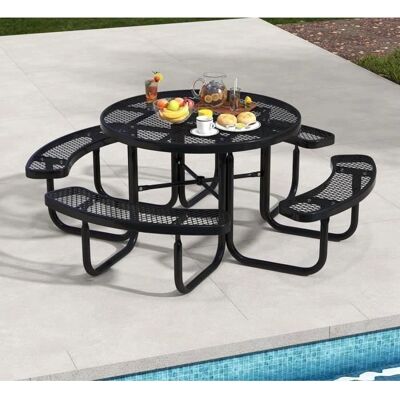 Ensemble de table de pique-nique ronde Costway avec 4 bancs - Métal durable extérieur Ensemble de table de pique-nique ronde Costway avec 4 bancs - Métal durable extérieur