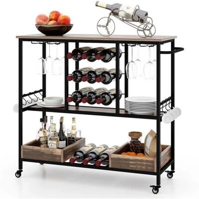 Carro de vino y bar de 3 niveles de Costway - Rustico y elegante Carro de vino y bar de 3 niveles de Costway - Rustico y elegante
