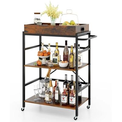 Costway - Bar Cart 3-Tier - Marron rustique - Bar Cart - Publicité Costway - Bar Cart 3-Tier - Marron rustique - Bar Cart - Publicité
