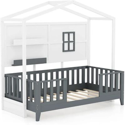 Costway - House Bed - Blanc et Gris - 2 Étagères - Lit - Publicité Costway - House Bed - Blanc et Gris - 2 Étagères - Lit - Publicité