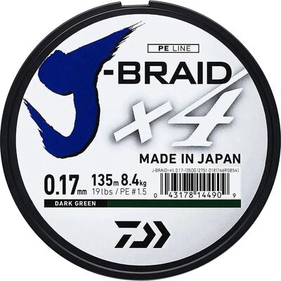 Daiwa J-Braid X4 - 135m Vert Foncé - Ligne de Pêche - Publicité Daiwa J-Braid X4 - 135m Vert Foncé - Ligne de Pêche - Publicité