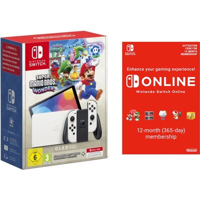 Nintendo Switch (Modèle OLED) - Blanc + Super Mario Bros. Wonder + 12 Mois de Nintendo Online - Publicité Nintendo Switch (Modèle OLED) - Blanc + Super Mario Bros. Wonder + 12 Mois de Nintendo Online - Publicité