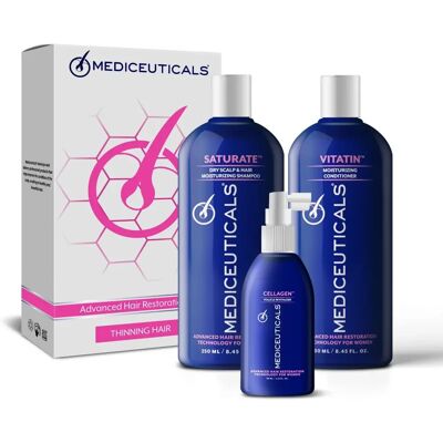 Mediceuticals Geavanceerde haarhersteltechnologie voor vrouwen Kit Droog - Cellagen, Vitatin, Saturate Mediceuticals Geavanceerde haarhersteltechnologie voor vrouwen Kit Droog - Cellagen, Vitatin, Saturate