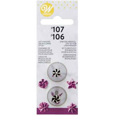 Conjunto de 2 bicos de flores em gotas para canhotos Wilton - Decoração de bolos Conjunto de 2 bicos de flores em gotas para canhotos Wilton - Decoração de bolos