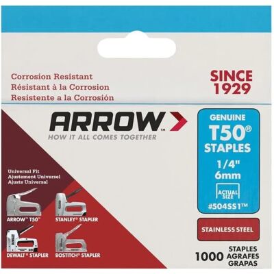 Arrow Stainless Steel T50 Staples - 6mm - Box 1000 Arrow Stainless Steel T50 Staples - 6mm - Box 1000
