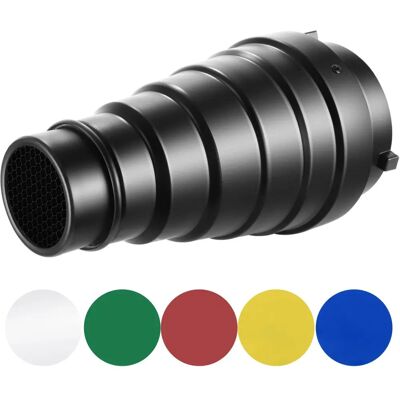 Tokyo-Electronics NEEWER kegelvormige snoot-kit, middellarge maat van aluminiumlegering met honingraatrooster en 5-kleuren gel-filter - Verlichtingstoebehoren Tokyo-Electronics NEEWER kegelvormige snoot-kit, middellarge maat van aluminiumlegering met honingraatrooster en 5-kleuren gel-filter - Verlichtingstoebehoren