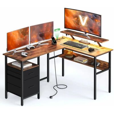 VASAGLE Vintage Braun L-förmiger Schreibtisch mit Steckdosen und LED-Lichtern VASAGLE Vintage Braun L-förmiger Schreibtisch mit Steckdosen und LED-Lichtern