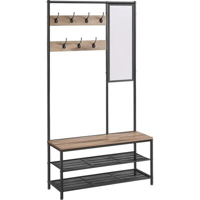 Cabideiro com Sapateira - Estilo Industrial com Espelho, Ganchos, Banco Cabideiro com Sapateira - Estilo Industrial com Espelho, Ganchos, Banco