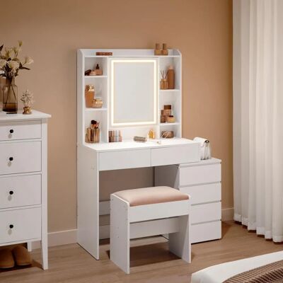 Tavolo da Trucco Moderno Bianco con Specchio LED e Sgabello Tavolo da Trucco Moderno Bianco con Specchio LED e Sgabello
