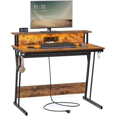 VASAGLE Vintagebraun Gaming Tisch - LED, Steckdosenleiste, 2 Computer VASAGLE Vintagebraun Gaming Tisch - LED, Steckdosenleiste, 2 Computer