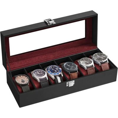 SONGMICS Uhrenbox mit Glasdeckel - 6 Fächer, Schwarz, Samtfutter SONGMICS Uhrenbox mit Glasdeckel - 6 Fächer, Schwarz, Samtfutter