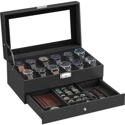 SONGMICS Boîte à montre noire verrouillable avec couvercle en verre - Boîte à montres SONGMICS Boîte à montre noire verrouillable avec couvercle en verre - Boîte à montres