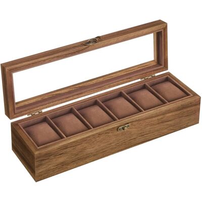 SONGMICS Walnuss Uhrenbox - 6 Fächer, Glasdeckel, Organizer SONGMICS Walnuss Uhrenbox - 6 Fächer, Glasdeckel, Organizer