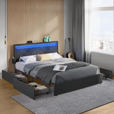 VASAGLE Doppelbett 160x200 cm mit LED, Metall, 4 Schubladen, Ladestation VASAGLE Doppelbett 160x200 cm mit LED, Metall, 4 Schubladen, Ladestation