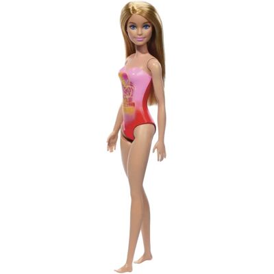 Mattel Barbie: Strand - Blond Haar Puppe mit Pinkem Palmen-Print-Badeanzug - Puppe Mattel Barbie: Strand - Blond Haar Puppe mit Pinkem Palmen-Print-Badeanzug - Puppe