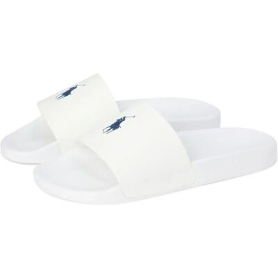 Polo Ralph Lauren White Pony Slides - Sandales pour homme - Blanc / Marine - US 13 Polo Ralph Lauren White Pony Slides - Sandales pour homme - Blanc / Marine - US 13