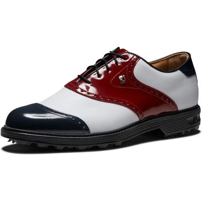 Buty golfowe FootJoy Wilcox wodoodporne - Klasyczne i wodoodporne, Biały/Navy/Wino, UK 7 Buty golfowe FootJoy Wilcox wodoodporne - Klasyczne i wodoodporne, Biały/Navy/Wino, UK 7