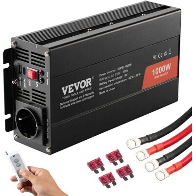 Inwerter Vevor 1000W z czystą sinusoidą - 12V do 230V - 2 gniazda, USB, akcesoria Inwerter Vevor 1000W z czystą sinusoidą - 12V do 230V - 2 gniazda, USB, akcesoria