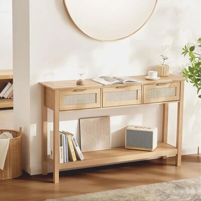 Vevor Natürlicher Rattan Konsole Tisch mit 3 Schubladen - Konsole Couch Tisch für Wohnzimmer, Eingangsbereich, Study, TV Wand Vevor Natürlicher Rattan Konsole Tisch mit 3 Schubladen - Konsole Couch Tisch für Wohnzimmer, Eingangsbereich, Study, TV Wand