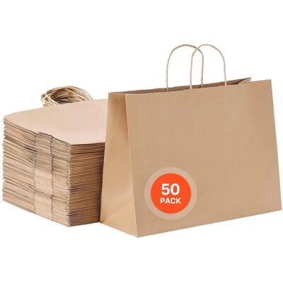 Succebuy Kraftpapier Taschen - Mit Griffen - 50Stück - 16x6x12 Zoll - Wiederverwendbar & Recycling Succebuy Kraftpapier Taschen - Mit Griffen - 50Stück - 16x6x12 Zoll - Wiederverwendbar & Recycling