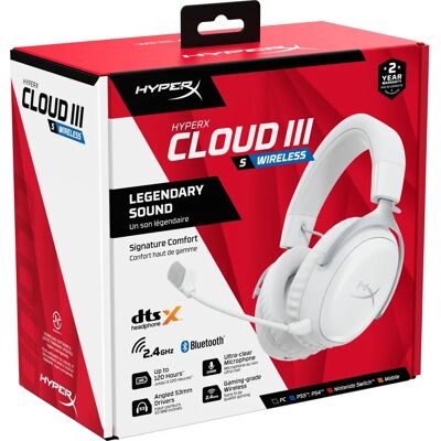 HyperX Cloud III S – Drahtloses Gaming-Headset für Multi-Plattform | 2.4GHz | Bluetooth | Akku bis zu 120 Stunden | 53mm Treiber | Abnehmbares Mikrofon | Weiß HyperX Cloud III S – Drahtloses Gaming-Headset für Multi-Plattform | 2.4GHz | Bluetooth | Akku bis zu 120 Stunden | 53mm Treiber | Abnehmbares Mikrofon | Weiß
