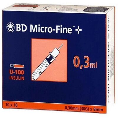 Becton Dickinson Microfine Plus 0.3ml U-100 Syringe - 30G, 8mm Becton Dickinson Microfine Plus 0.3ml U-100 Syringe - 30G, 8mm
