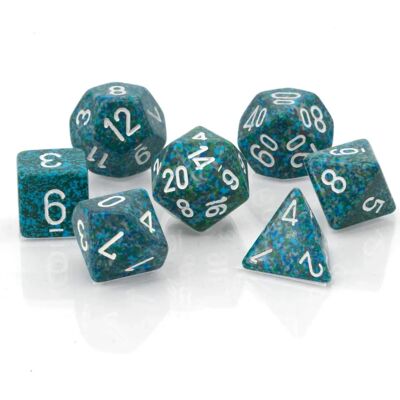 Set de Dés D7 Tacheté Chessex - Bords Tranchants, Chiffres Grands - Publicité Set de Dés D7 Tacheté Chessex - Bords Tranchants, Chiffres Grands - Publicité